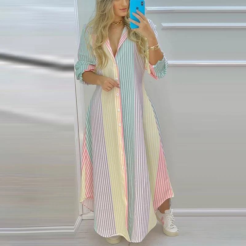 

Женское платье-рубашка с V-образным вырезом и длинным рукавом