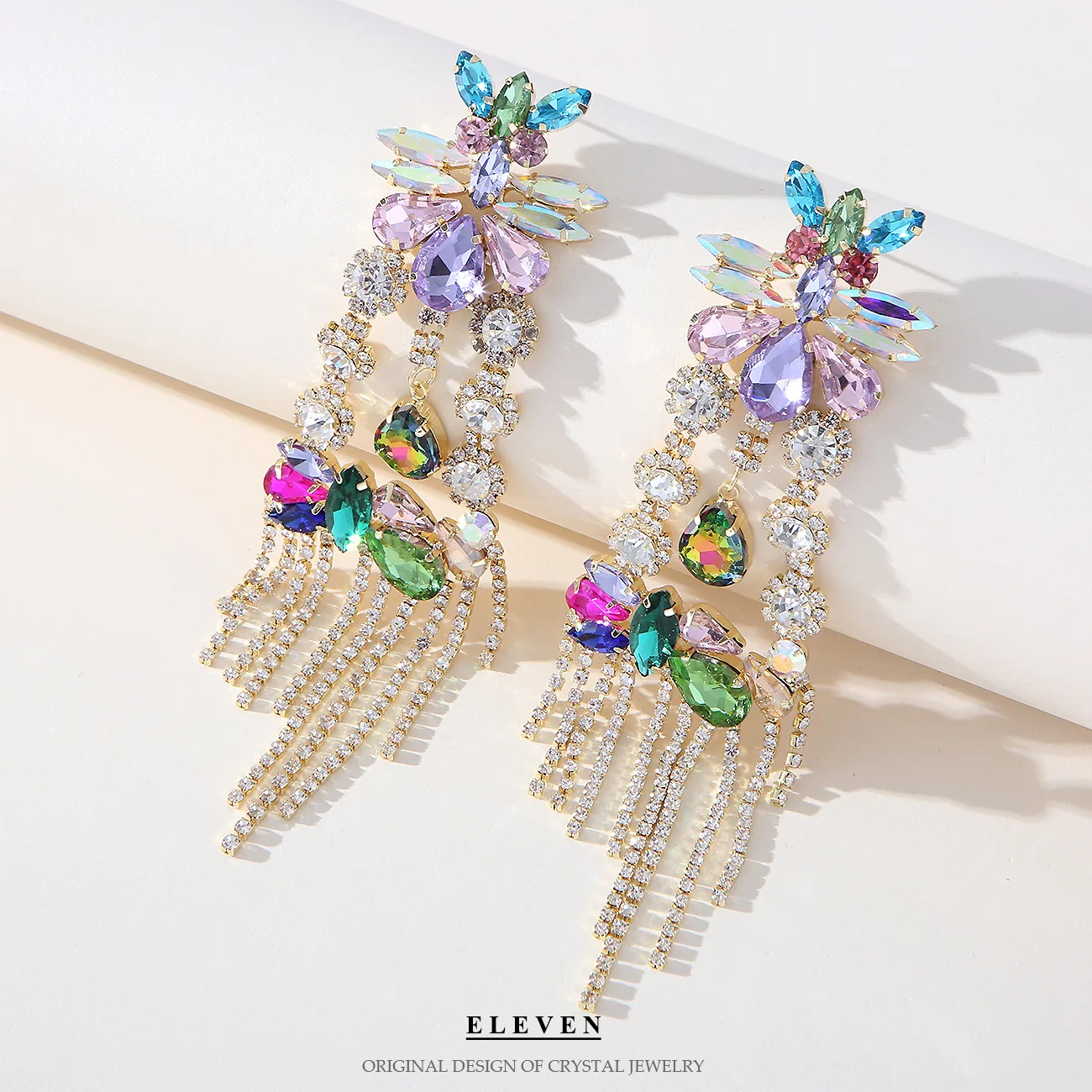 

Fashion Exaggerated Colorful Diamond-encrusted long Tassel Earrings