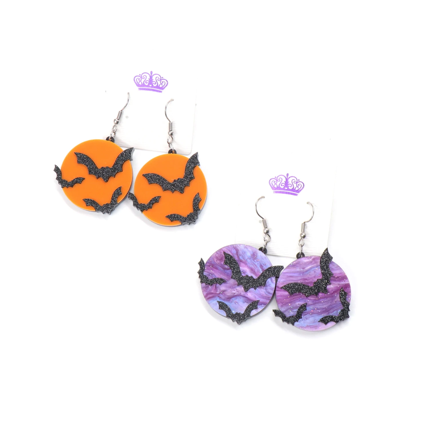 

(1pair) 35mm Halloween Earrings Galaxy Purple Moon Black Bat Dangle Earring Gliter Acrylic Earrings