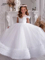 white flower girl dresses for wedding princess floor length lace appliques short sleeves first communion evening party dresses