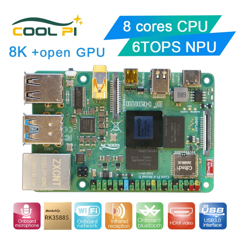 

Cool Pi Rockchip RK3588S Single Board Computer with 8 cores 64 bits,6.0 TOPs AI NPU,8K video codec,Run Android,Ubuntu,Debian OS