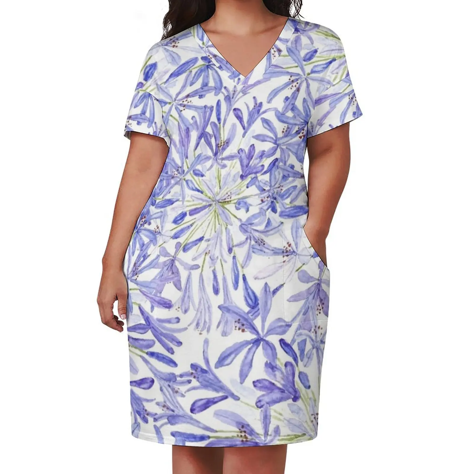 Фиолетовый синий африканская лилия акварель свободное платье с карманами летние