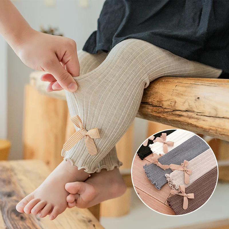 

New Fashion Spring Autumn princess Girl Cropped trousers Cotton Stripes Hemming Big Bow Cute baby kids pants Child infant tights