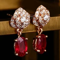 milan girl diamond flower earrings fashion temperament red zircon water drop mid length earrings high end banquet jewelry