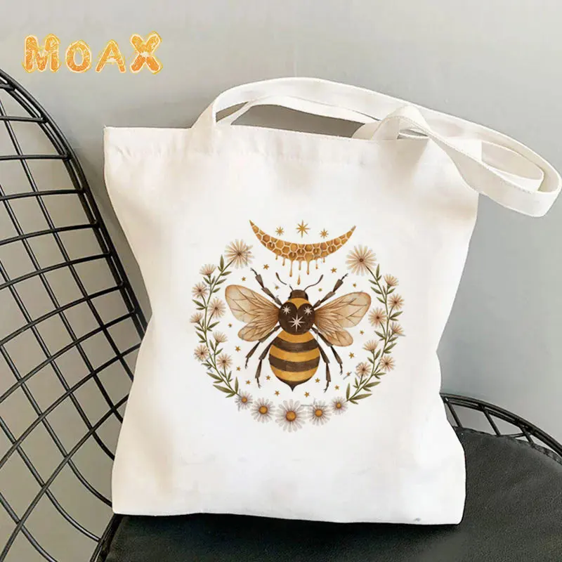 

Cartoons Bee Moon Printed Shoulder Bag Women’s Shopper Tote Bags Canvas Reusable Storage Handbag Girl Casual Eco Shopping Bag