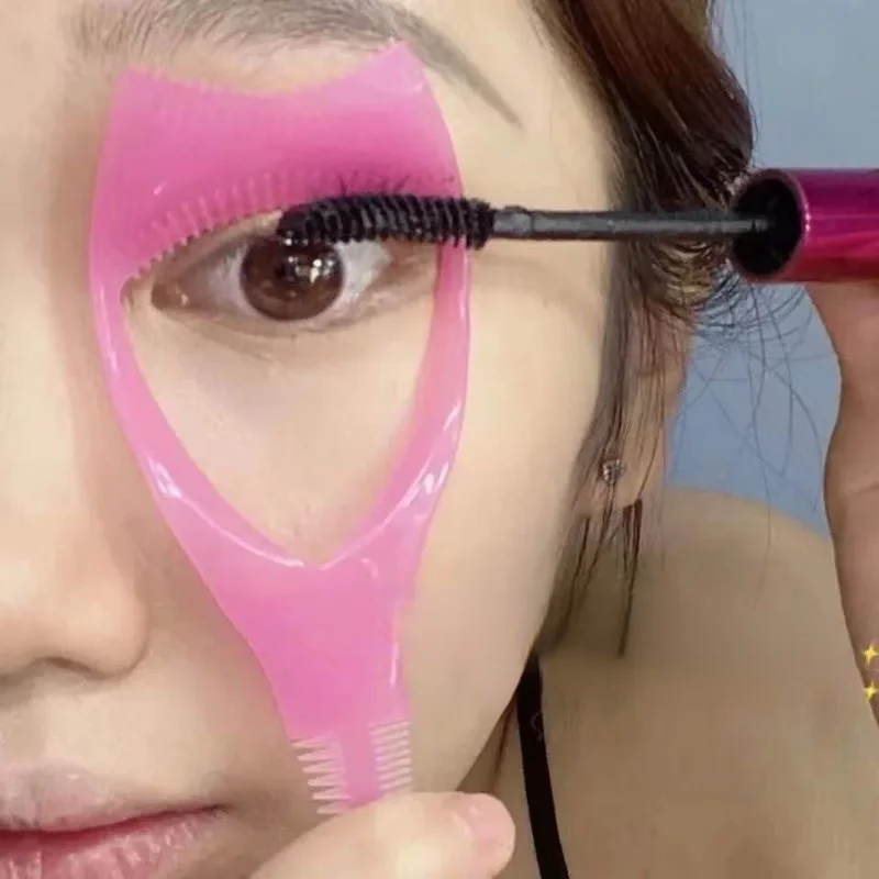 3 In 1 Makeup Mascara Shield Guard Eye Lash Mascara Applicator Comb Eyelash Curling Makeup Brush Curler Eye Makeup Stencils Pink