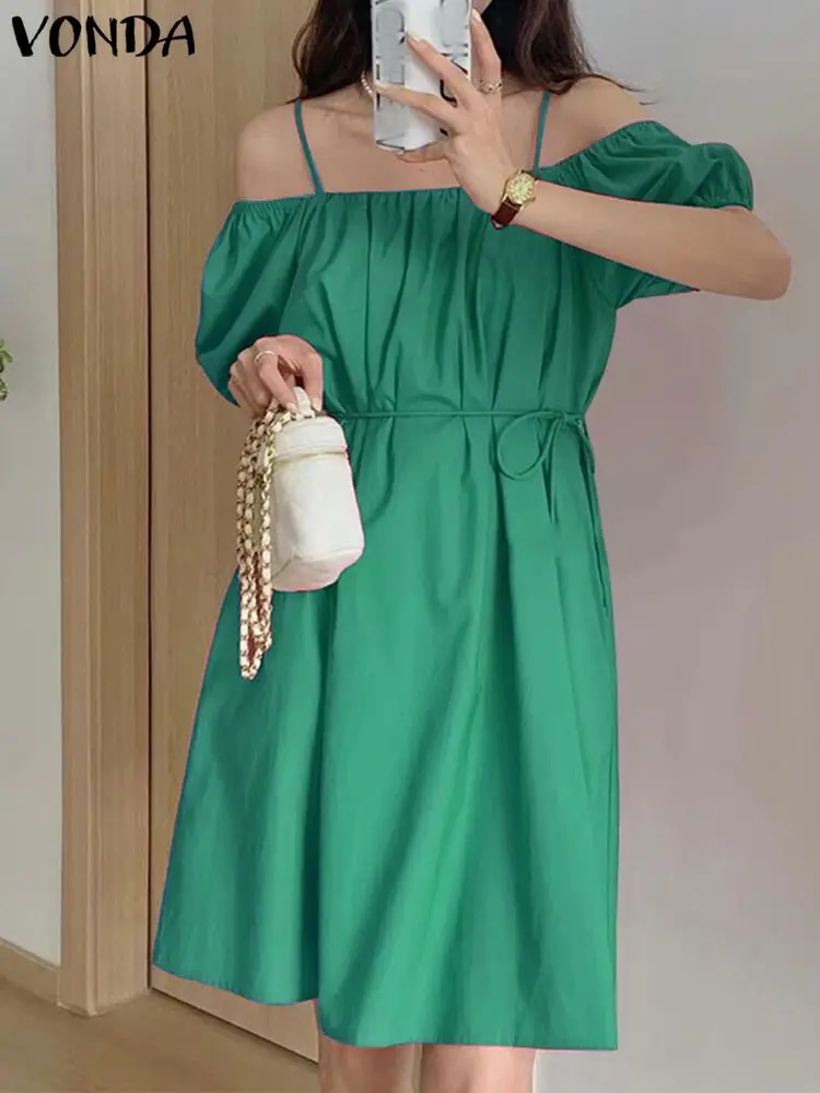 

VONDA Summer Sexy Bohemian Mini Dress Women Off Shoulder Sundress 2023 Short Sleeve Belted Pleated Robe Casual Beach Vestidos