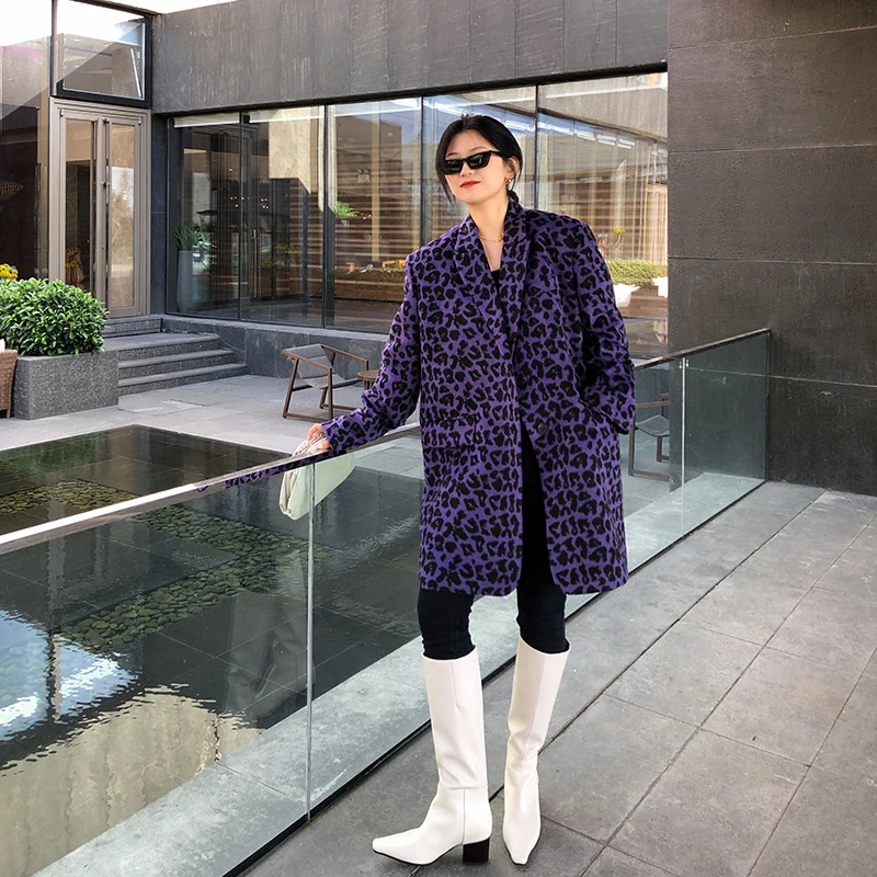 Женский свободный шерстяной пиджак Фиолетовый с леопардовым принтом верхняя