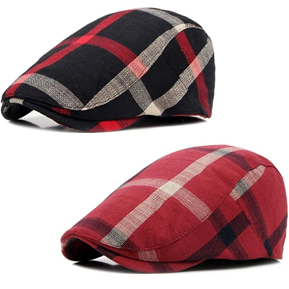 2Pack Plaid Beret Hat For Men Retro Newsboy Ivy Flat Cap Classic Peaked Cap Painter Adjustable Gatsby Driving Cabbie Cap