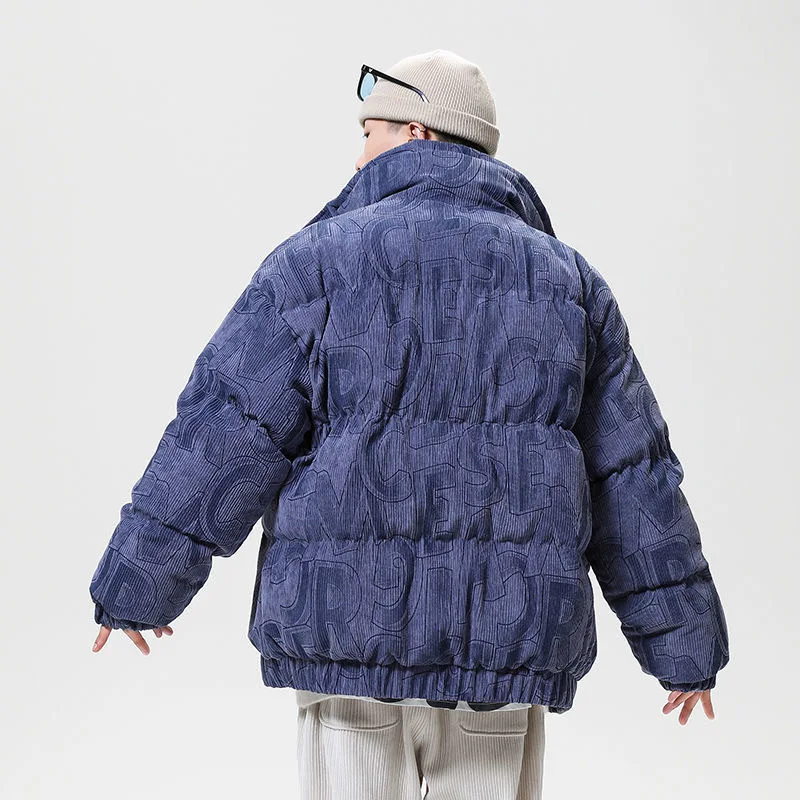 Corduroy padded jacket letter graffiti thickened cotton coat men's winter new loose bread coat coat loose tide brand all-match