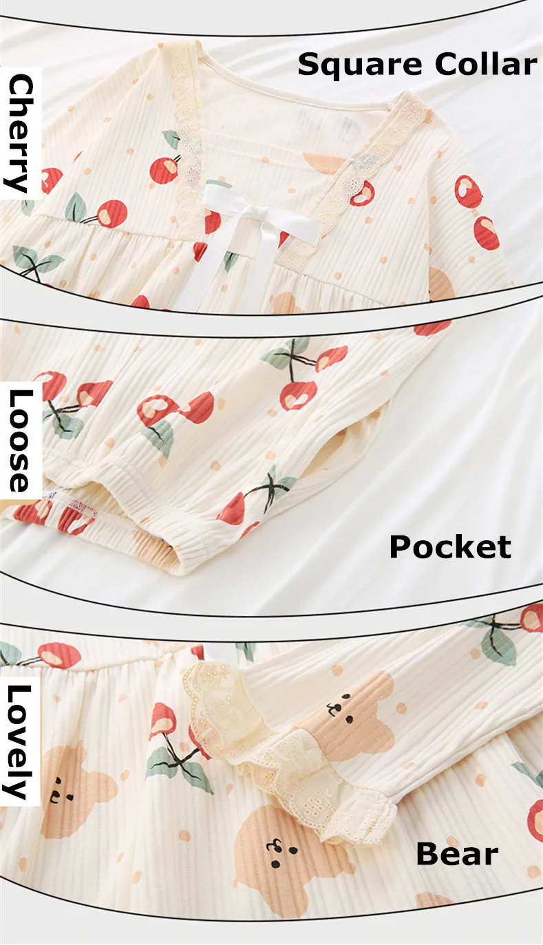 Yasuk Spring Autuum Fashion Women's Casual Print Pocket Sleepwear Homewear Cute Lovely Pajamas With Pants Soft Lace Cherry