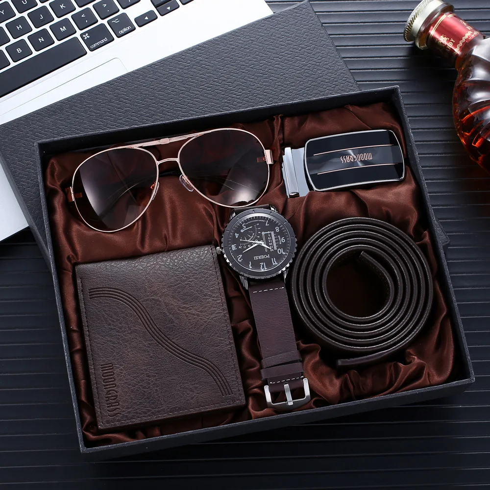 Fashion Leather Belt Man Wallet Glasses Quartz Watch Men Set Father's Day Birthday Gifts For Him