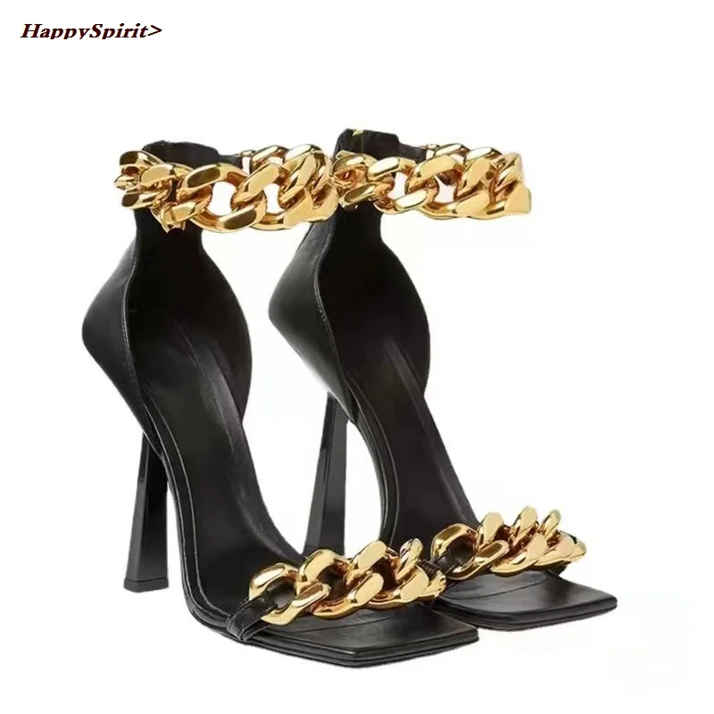 

New black heels Sandals metal chain high heels summer Shoes on heels plus size Woman shoes new style Women's sandals