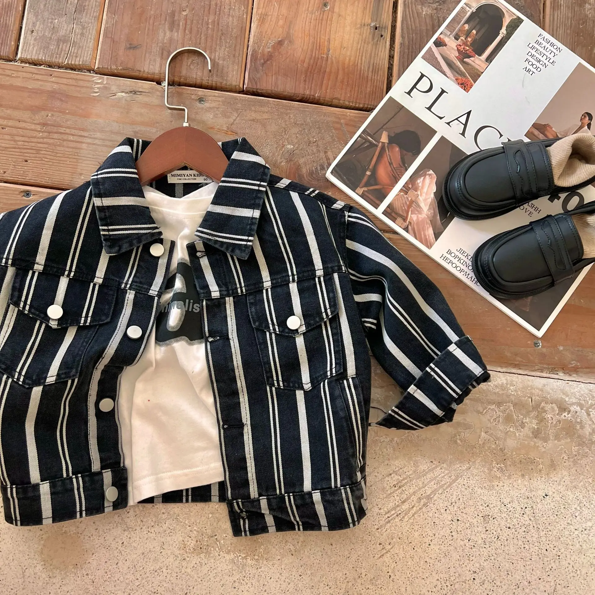 

Children's Clothes 2022 Autumn New Boys Girls Striped Denim Coat Baby Short Breasted Jacket