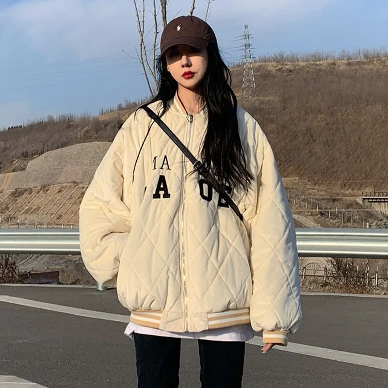 American Retro Style Letter Thick Baseball Uniform Trend Jacket Female Students Winter Harajuku Loose Cotton Coat Ins Overcoat