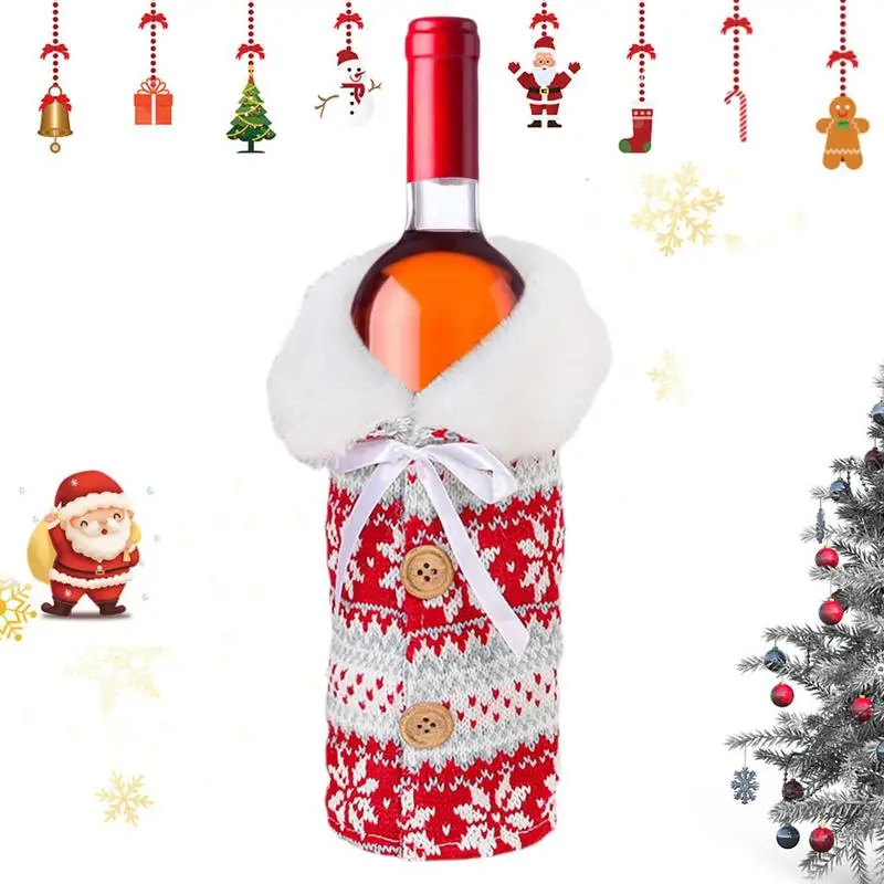 

Рождественский чехол для винной бутылки, платье для бутылки шампанского с воротником и пуговицами, снежинка, Рождественская елка, одежда дл...