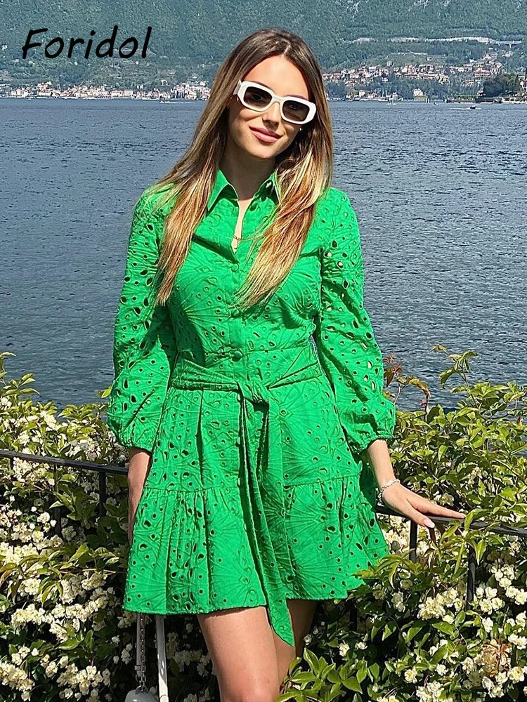 

Женское элегантное кружевное зеленое платье-рубашка, весенне-осеннее хлопковое офисное короткое платье с поясом, Повседневное платье на пуговицах, комплект с юбкой, наряд