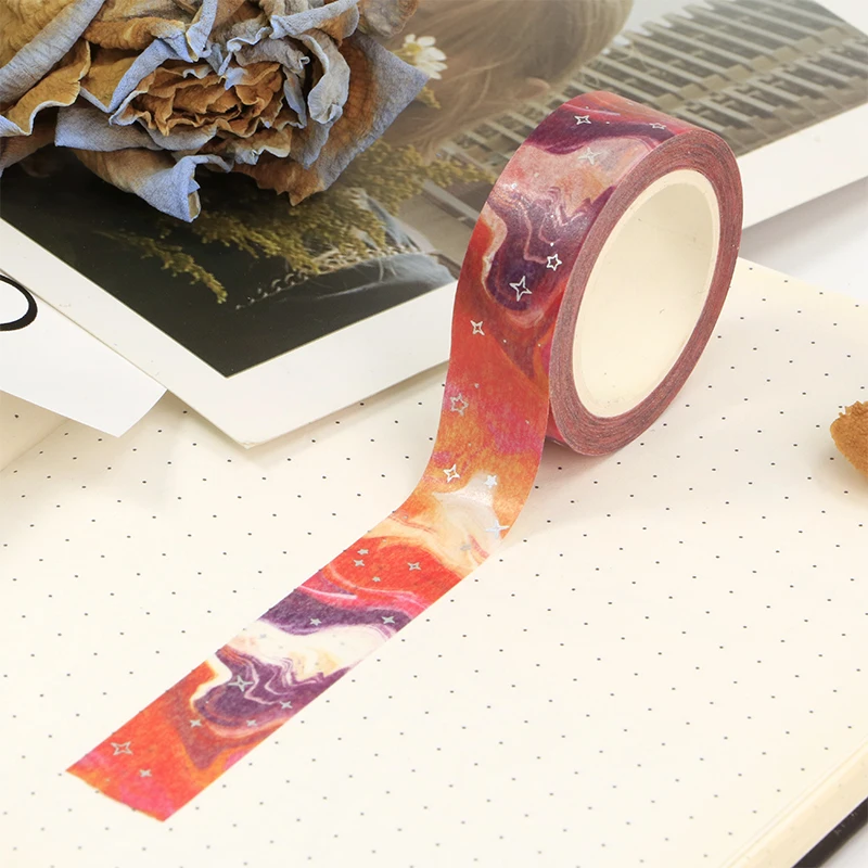 

GREATHOPE WASHI TAPE Декоративная васи лента оранжево-красная с серебристыми звездами 10 м