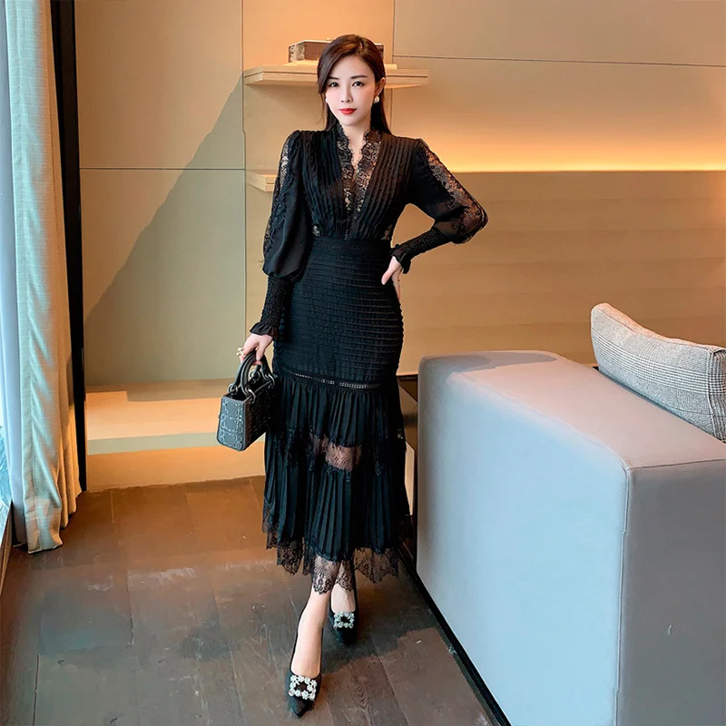 

Wavsiyier Luxury Long Lantern Sleeve Patchwork Lace Embroidery Dresses Women Party Elegant Spring Boho High Waist 2021 Dress V