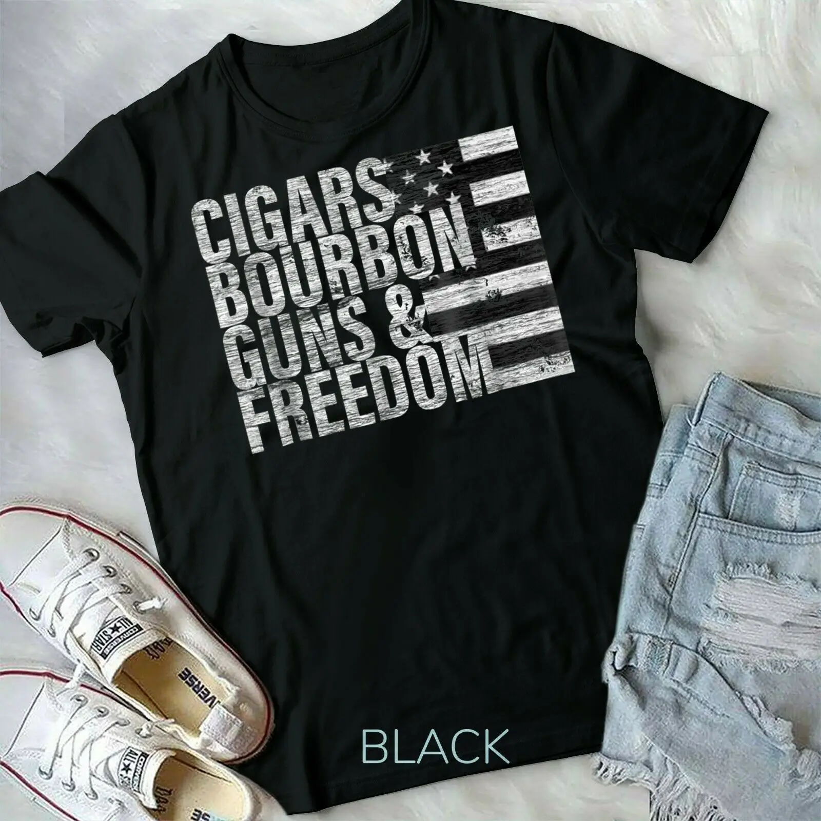 Cigars Bourbon Guns Freedom Flag O-Neck Cotton T Shirt Men Casual Short Sleeve Tees Tops Camisetas Mujer