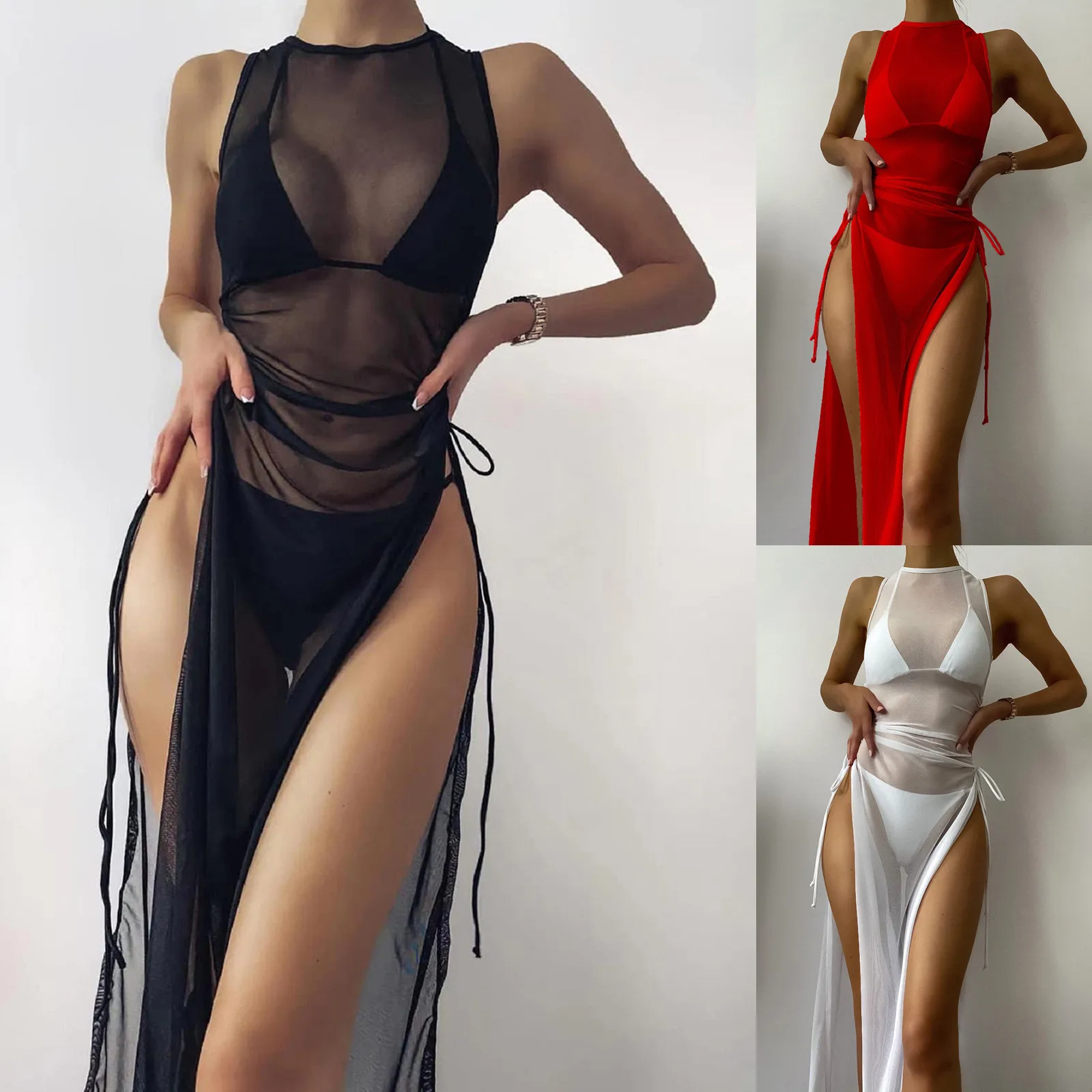 

Women Bikini Draped Front Drawstring Knot Mesh Cover Up Without Lingerie Hight Split Fork Dress Girls Swim Cover Up Plus Size