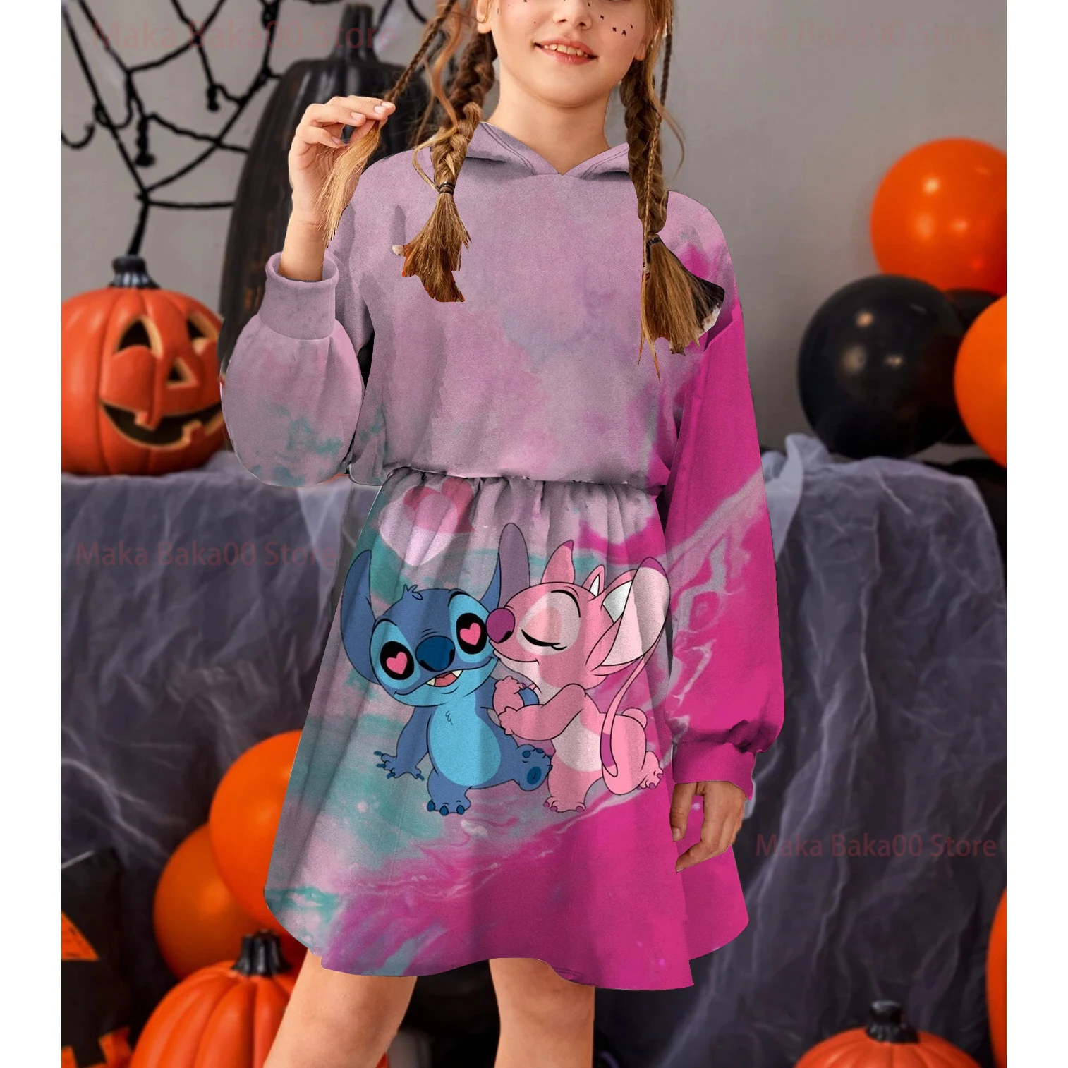

2022 New Party Dresses Kids Disney Stitch Hoodie Dress Printed Red Panda Cute Warm Princess Dress Kids Costume