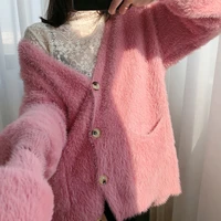 2021 new imitation mink cardigan velvet jacket women winter thick warm short plush loose coat long outerwear purple pink autumn