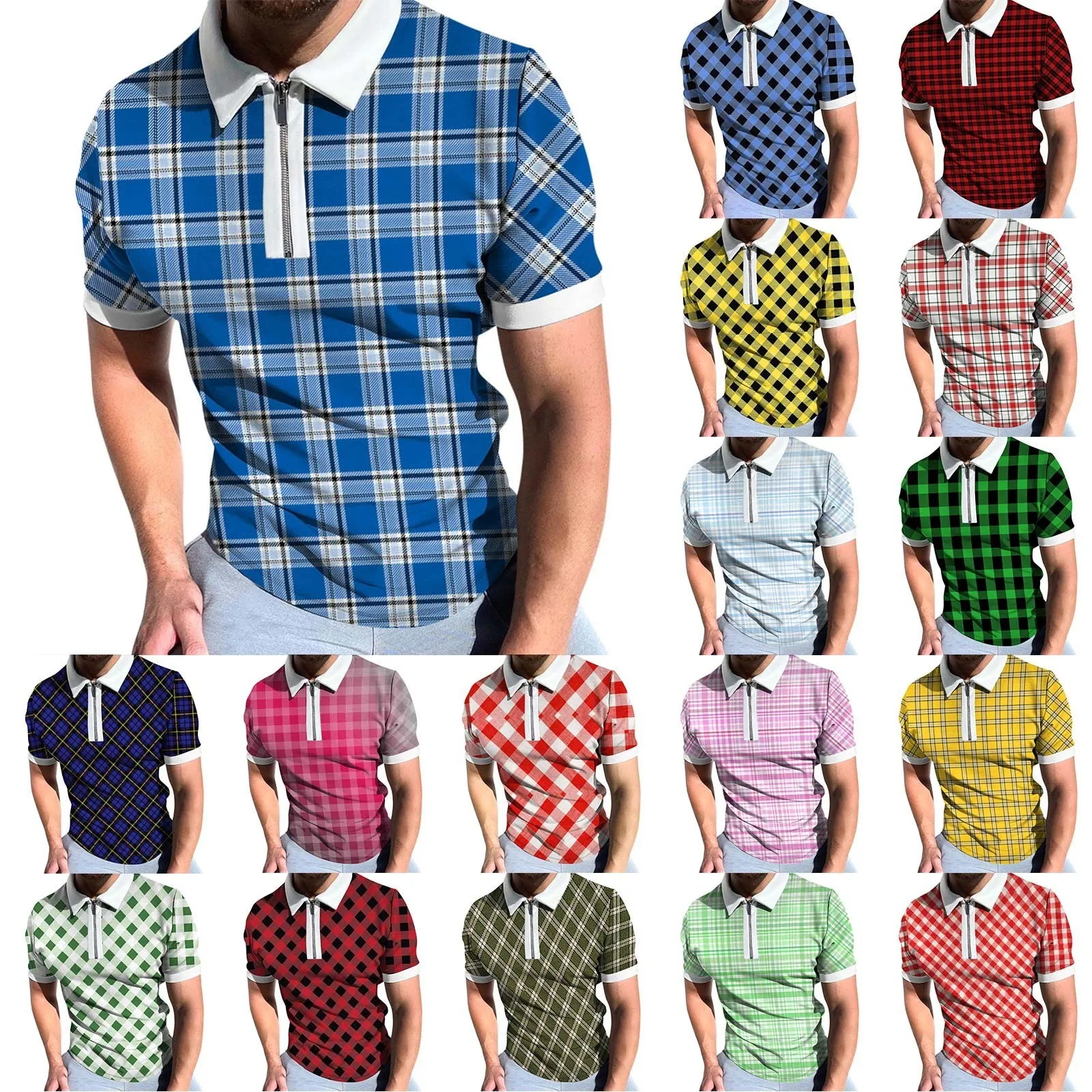 

Mens Spring Summer Short Sleeve Zipper Lapel Plaid Print Casual T-Shirt Top T Shirts for Men Loose Fit