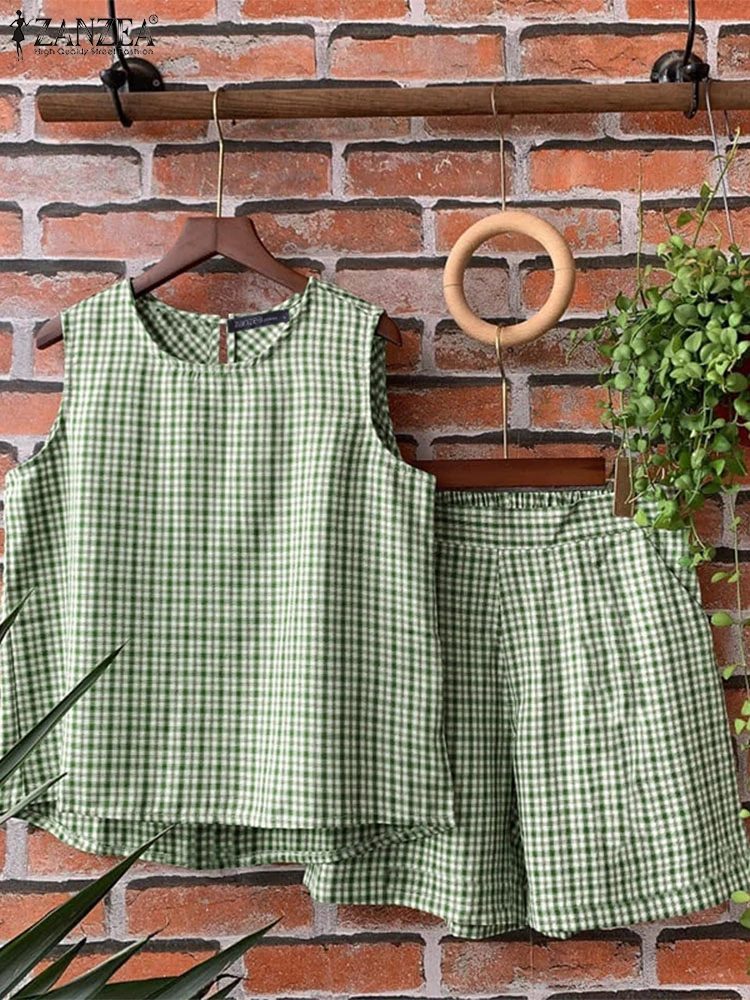 Женские короткие комплекты в клетку 2024 ZANZEA повседневные наряды на бретелях с
