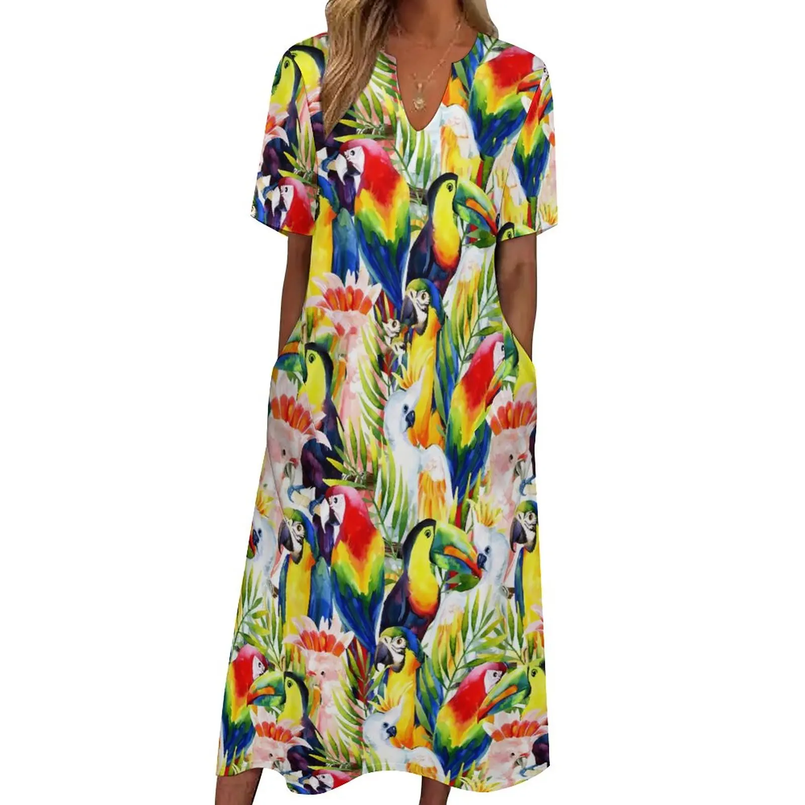 

Tropical Birds Dress Summer Parrots And Palm Leaves Aesthetic Bohemia Long Dresses Female Vintage Maxi Dress Gift