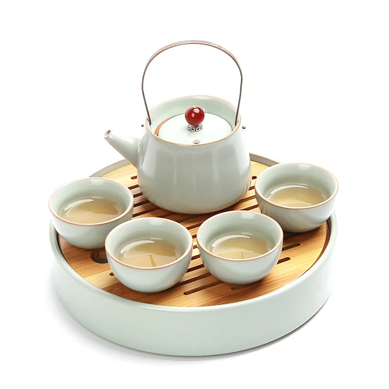 

Household ceramic Ru kiln one pot four cups portable Japanese tea tray travel Kung Fu tea set teapot teacup