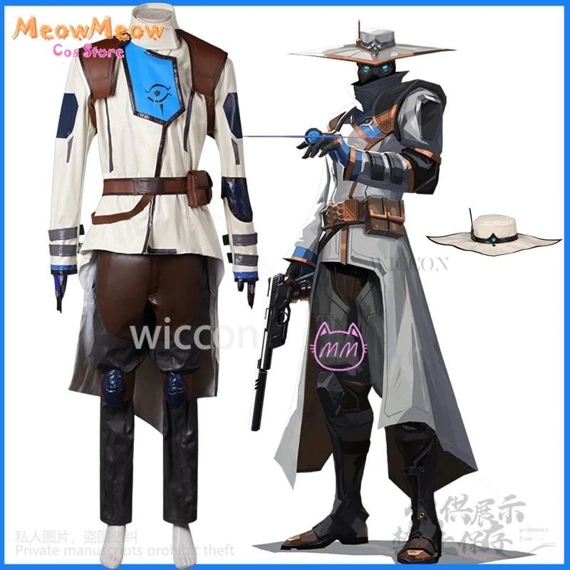 Аниме игра Valorant Косплей Костюм Cypher Брюки Пальто Перчатки Шляпа Опора Мужчины