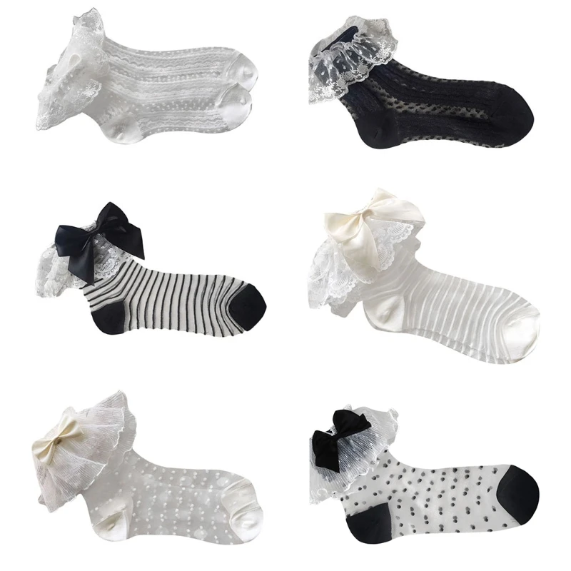 

Women Girls Sweet Ruffle Lace Ankle Socks Sheer Mesh Glass Fiber Bow Vintage Princess Thin Cool Anklet Hosiery 37JB