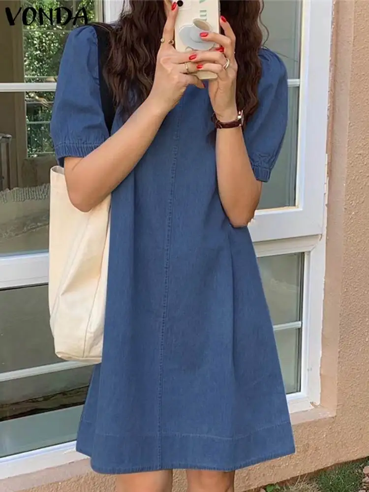 

VONDA 2022 Stylish Women Short Sleeve Party Robe Femme Summer O-Neck Denim Sundress Casual Street A-line Short Vestido Oversize