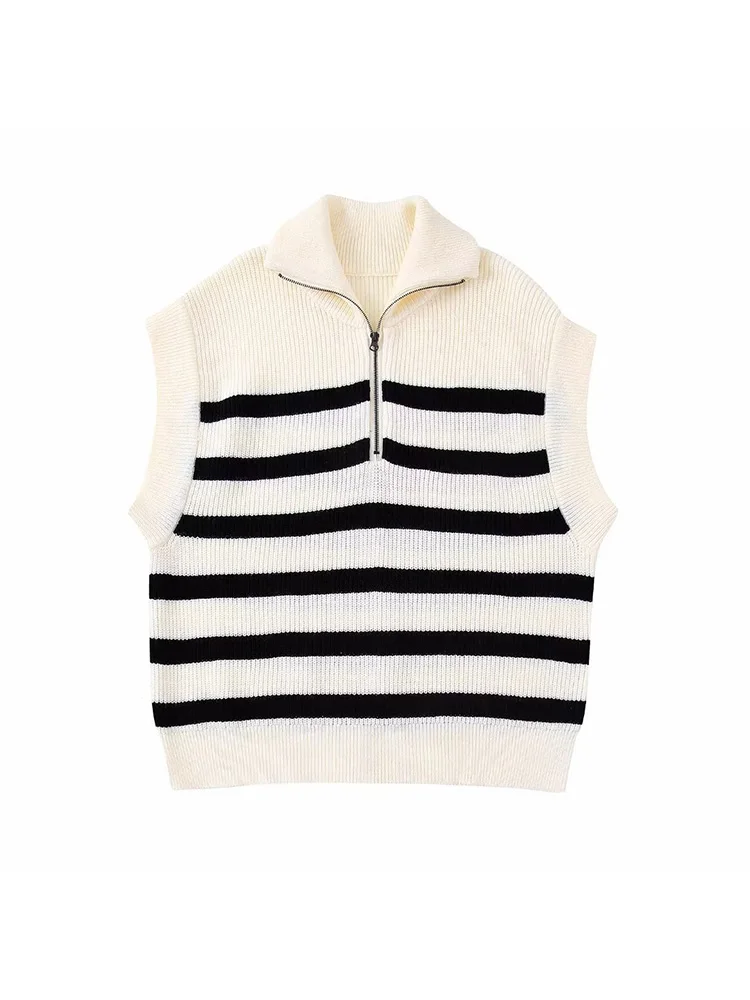 

BM&MD&ZA 3390006 Women 2022 New Sweet Fashion zipper decoration stripe Knitted Vest Vintage Female Waistcoat Chic Tops 3390/006