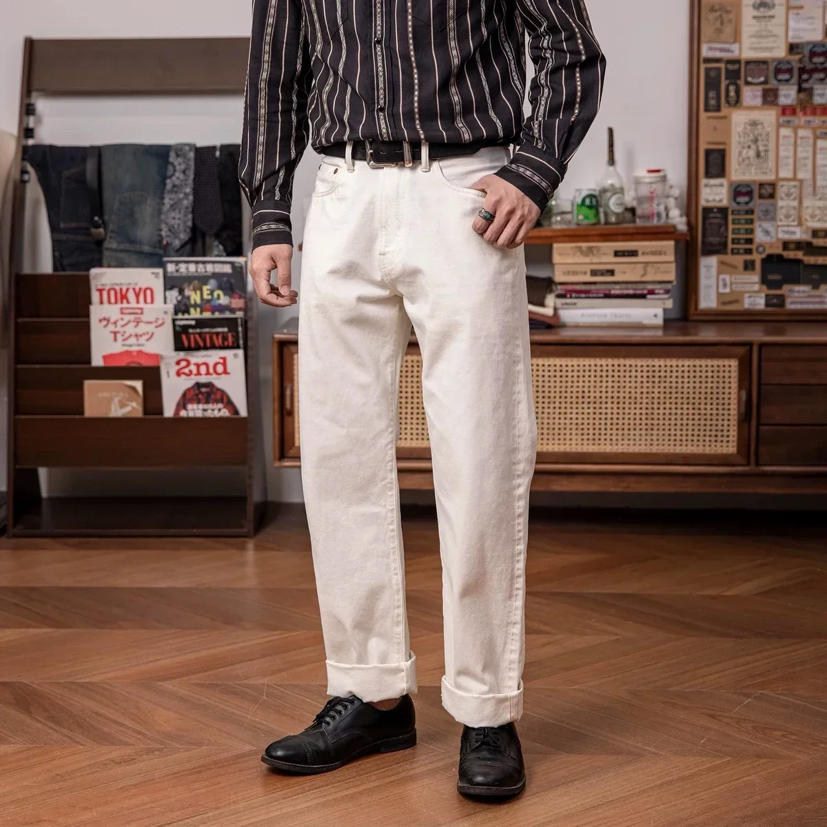 Красный Торнадо 55501 Белые свободные прямые мужские джинсы Прочный стиль 14 унций