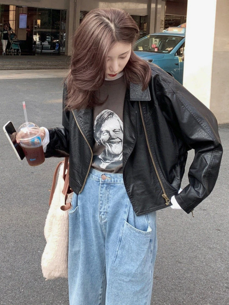 Summer Cropped Faux Leather Jacket Women Korean Fashion Loose Biker Coat Streetwear Female Autumn Pockets Moto Jacket Outerwear