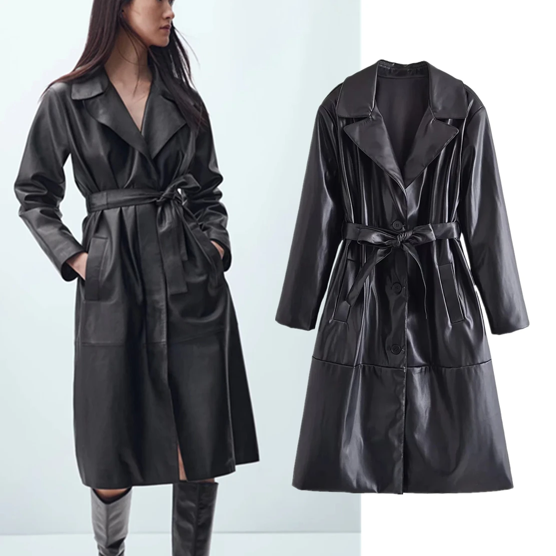 

Elmsk England Retro Pu Leather Trench Coat Women High Street Sashes Long Jacket