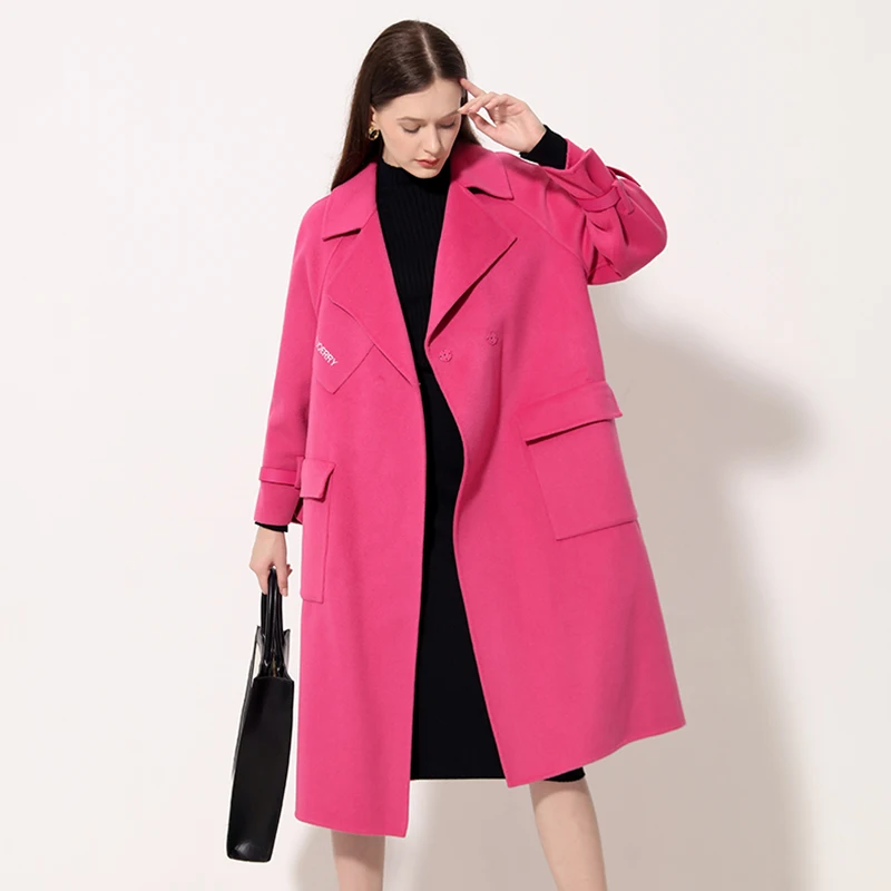 

Pop Double-Faced Woolen Coat Women Autumn Winter Nice Elegant Fashion Suit Collar Solid Color Medium Long Loose Wool Blend Coat