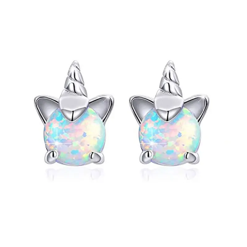 

S925 Silver Needle New Cute Unicorn Opal Earrings Creative Children's Jewelry Accessories