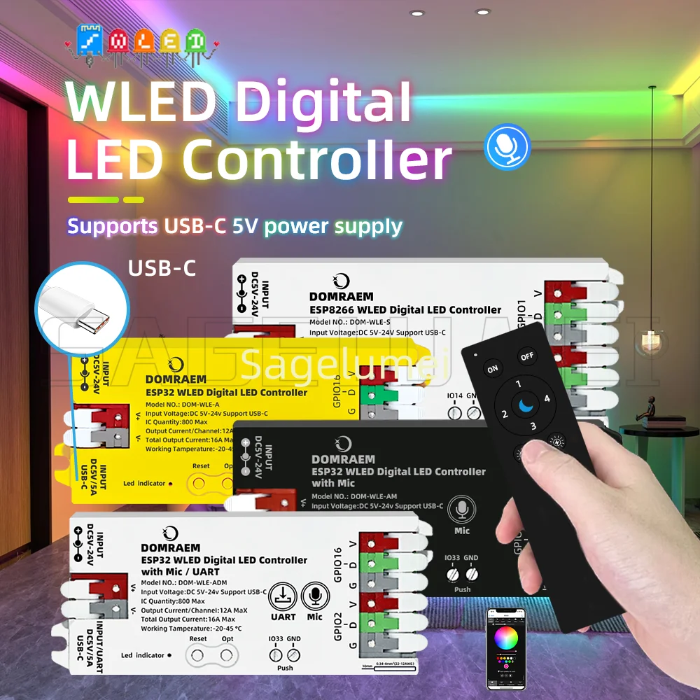 Фото Цифровой светодиодный контроллер DOMRAEM ESP8266/ESP32 USB-C WLED |   WS2814/12B/05/APA102 RGB IC-полоски |   Предохранитель 16А ~ 0,5 Вт в режиме ожидания | Микрофон УАРТ №2