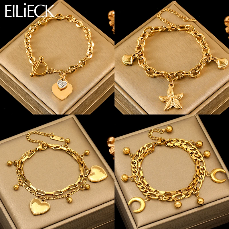 EILIECK 316L acier inoxydable couleur or étoile de mer lune étoile bracelet à breloques pour les femmes nouvelle chaîne de poignet à la mode bijoux cadeau fête