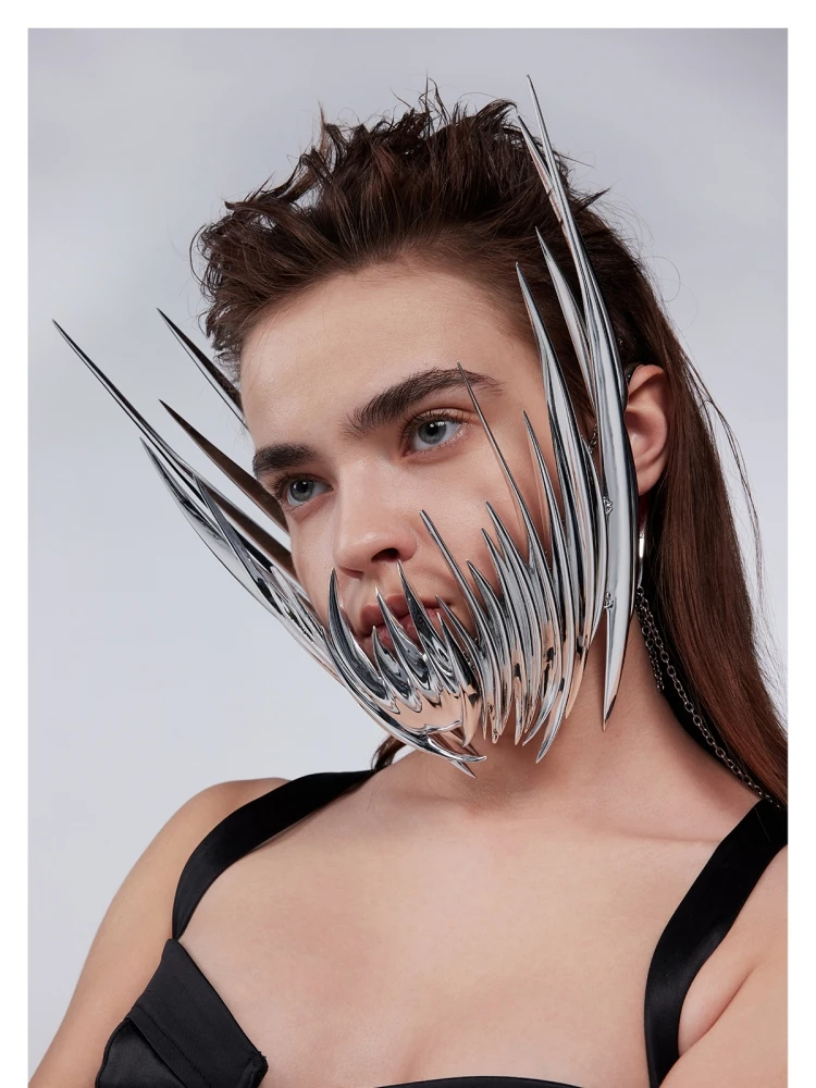 Luxury Cyber Punk Rock Mask Liquid Irregular Silver Color Hollow Exaggerate Facial Earring For Women Men Party Perform Jewelry