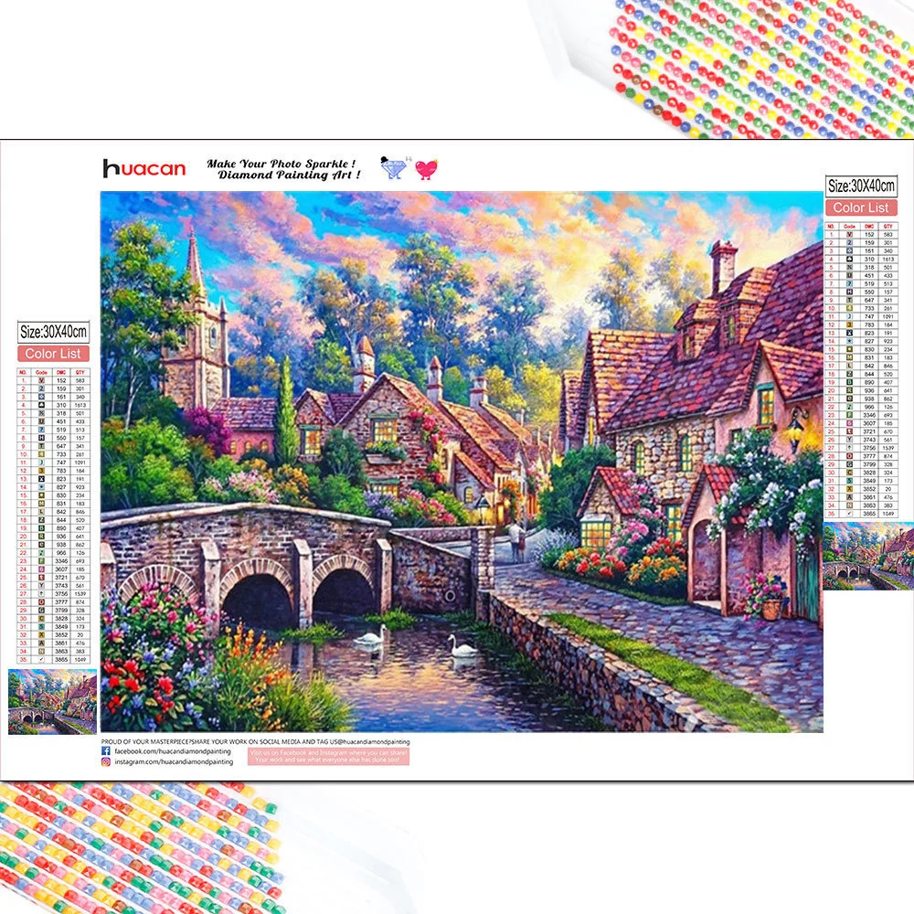 

HUACAN Full Square Diamond Embroidery House River Cross Stitch DIY Diamond Painting Landscape Mosaic Swan Wall Art