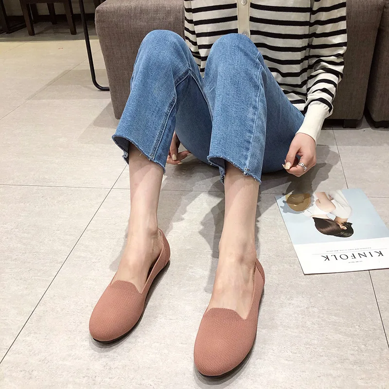 2022 Women's Flat Knitted Round Toe Colorblock Soft Ladies Zapatos De Sports Zapatillas Mujer Bесна Ballet Breathable Moccasins