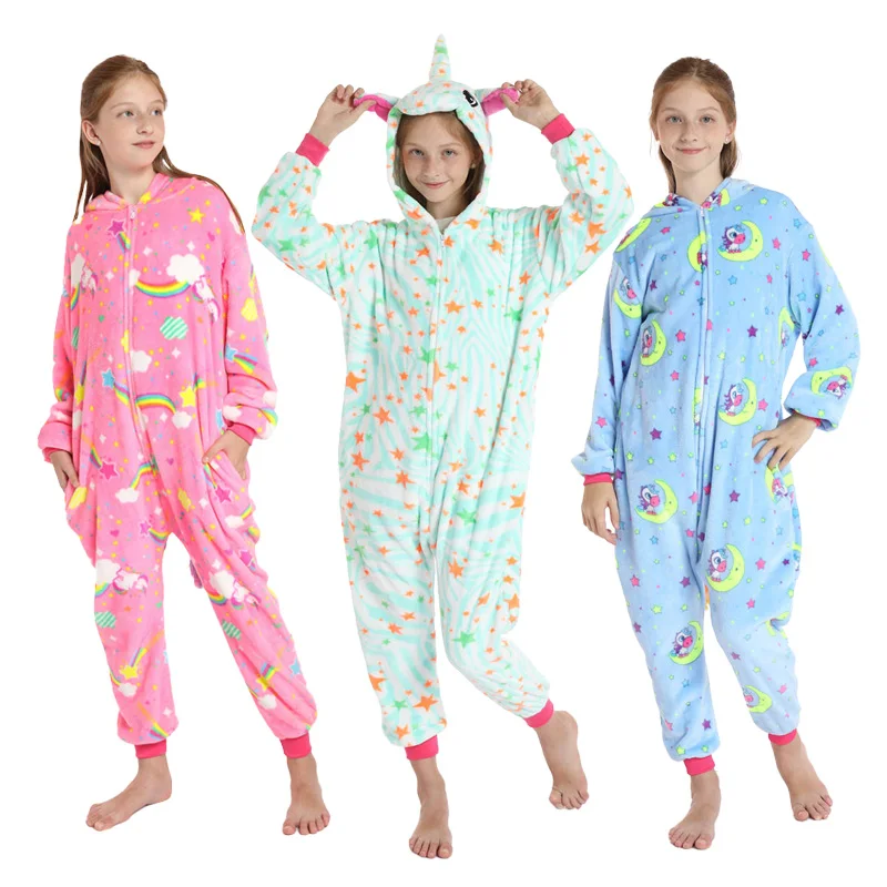 

Winter Thicken Sleepwear Flannel Cartoon Homewear For Kids Hooded Jumpsuit Long Sleeve Halloween Cosplay Onesies Loungewear