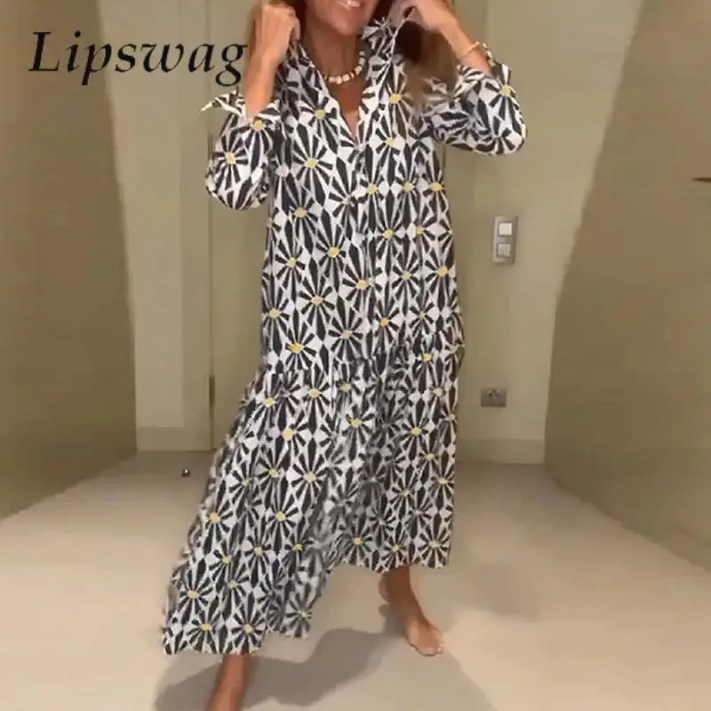 

Fashion 2023 Spring Autumn Female Loose Dress Women Flower Print Loose Shirt Dress Elegant Lapel Single-breased Long Party Dress
