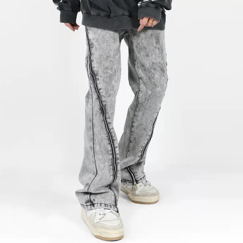 

High Street Zipper Washed Retro Mens Jeans Ripped Distressed Straight Flare Pants Loose Hip Hop Casual Denim Trousers