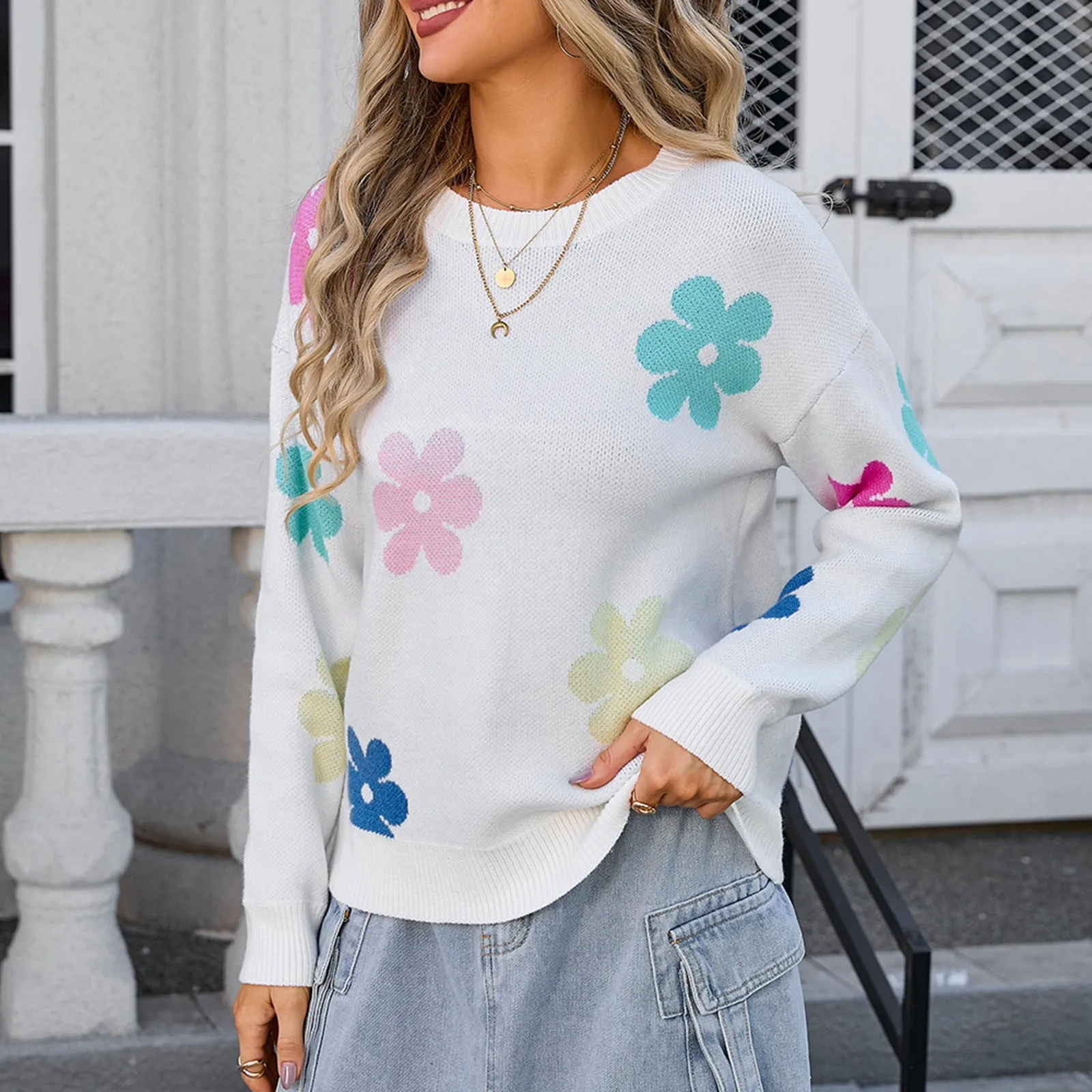 2024 универсальные модели женский свитер с цветочным принтом и круглым вырезом