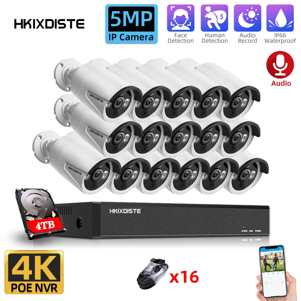 

H.265 16CH 4K POE NVR Audio Record CCTV System 5MP Outdoor IP67 Weatherproof POE IP Cameras Video Security Set 8CH 8MP HDMI Set